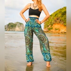 Blue Mandala Boho Smocked Waist Harem Pants Sz L/XL